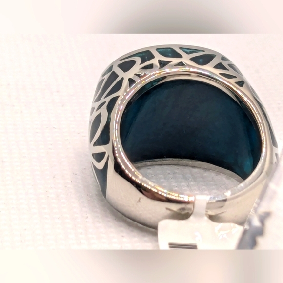 New Stainless Steel Ring, White Austrian Crystal with Teal Enamel Ring Size 9 - Picture 3 of 7